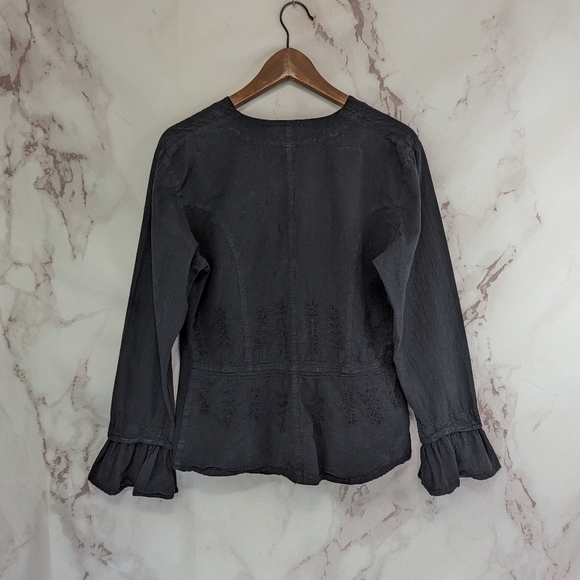 Scully Shirt Womens Large Black Button Up V Neck Ruffle Sleeve Embroidered - Picture 5 of 14